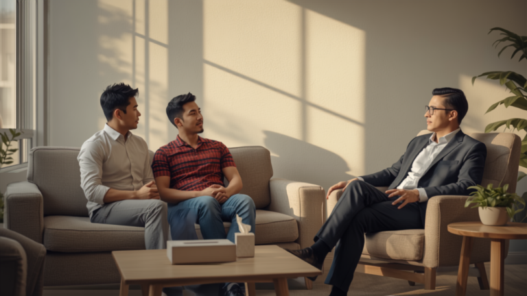 Clinician talking with two clients seated on a sofa in a sunlit therapy room