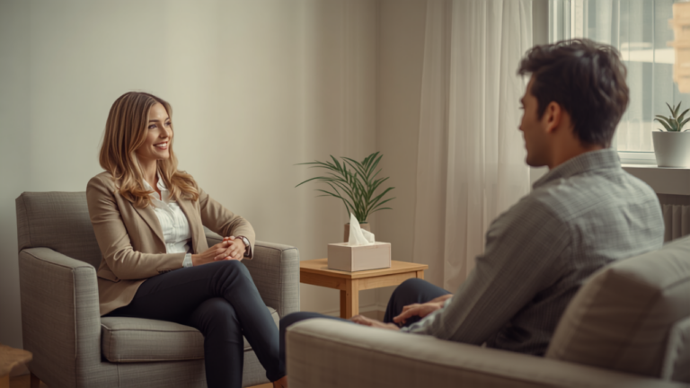 Therapist and client in session in a calm, naturally lit office, the setting our billing service for therapists supports