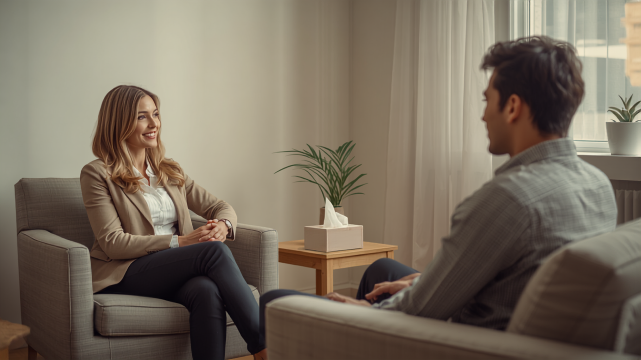 Contacto de seguros en Texas: una terapeuta conversando con un paciente en un consultorio