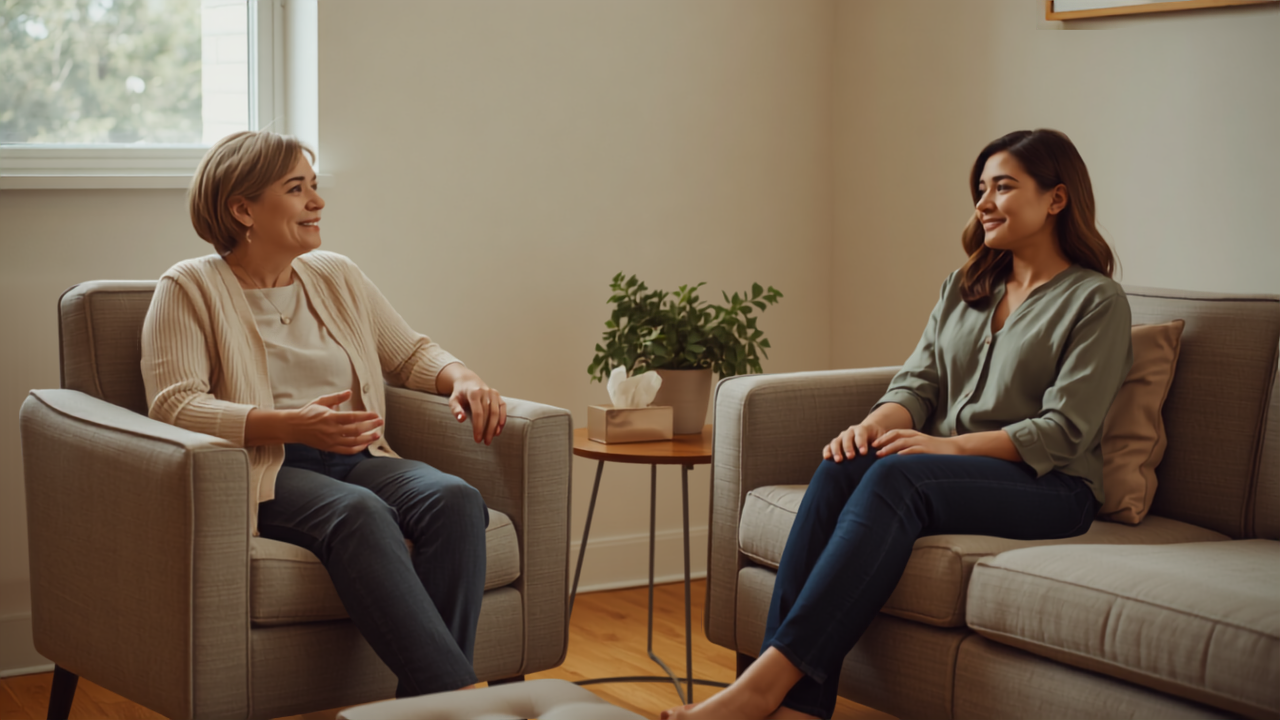 Contacto de seguros en Massachusetts: una mujer mayor y otra joven conversando en un consultorio de terapia