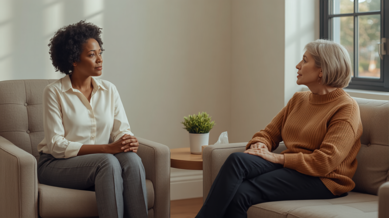 Contacto de seguros en Georgia: dos mujeres conversando en un consultorio de terapia
