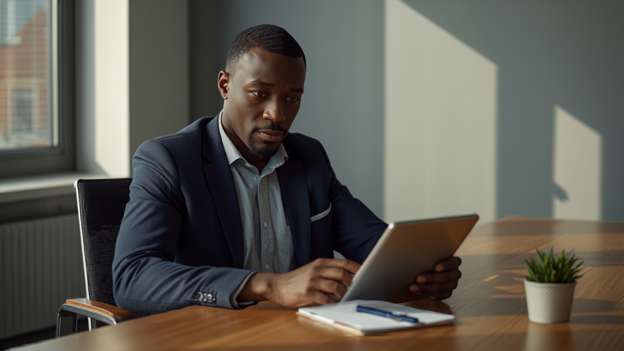 Professional Casual Man at Desk with Tablet