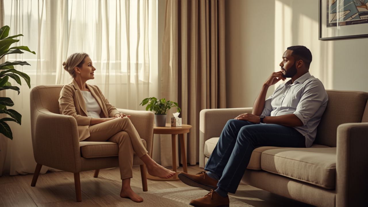 Serene Counseling Session in Light Filled Office