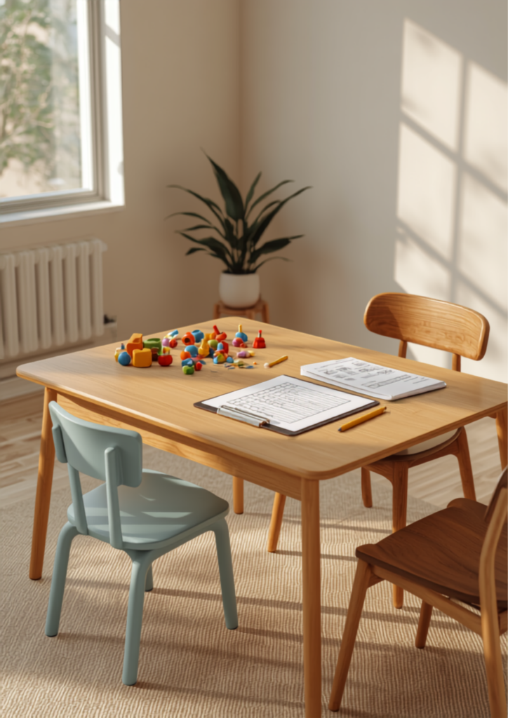 Child-sized table with colorful blocks, a clipboard and pencils set up for a psychological assessment