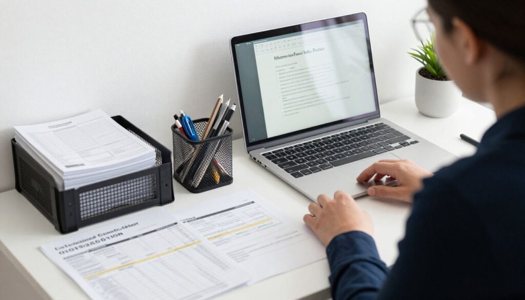 Texas Telehealth Billing for Therapists: 5 Easy Essentials 2 Texas telehealth billing for therapists: a professional and clean workspace for a mental health practice owner, showing a desk with a laptop and organized medical billing documents