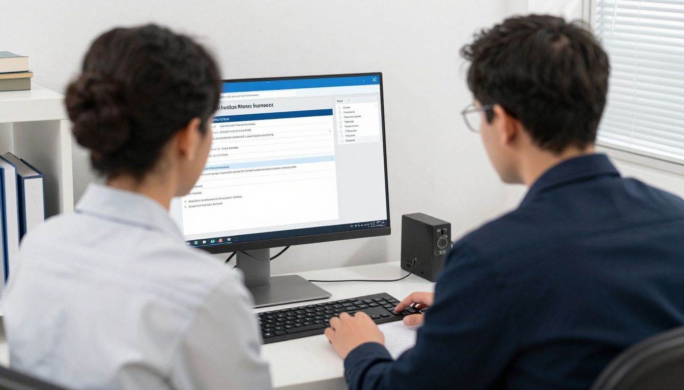 A professional and clean office setting with a therapist focusing on mental health clinical documentation and insurance billing workflows on a computer screen.