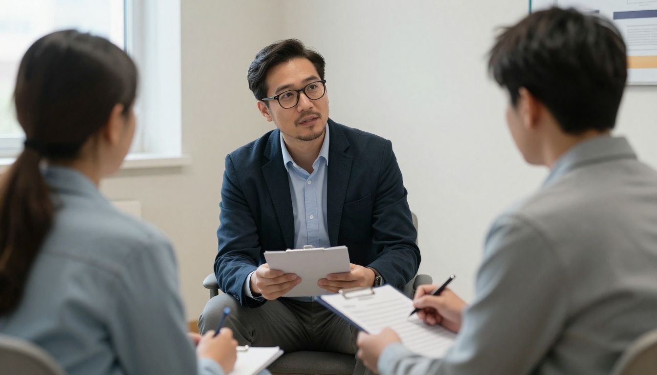 A professional psychologist reviewing detailed patient testing results with a client