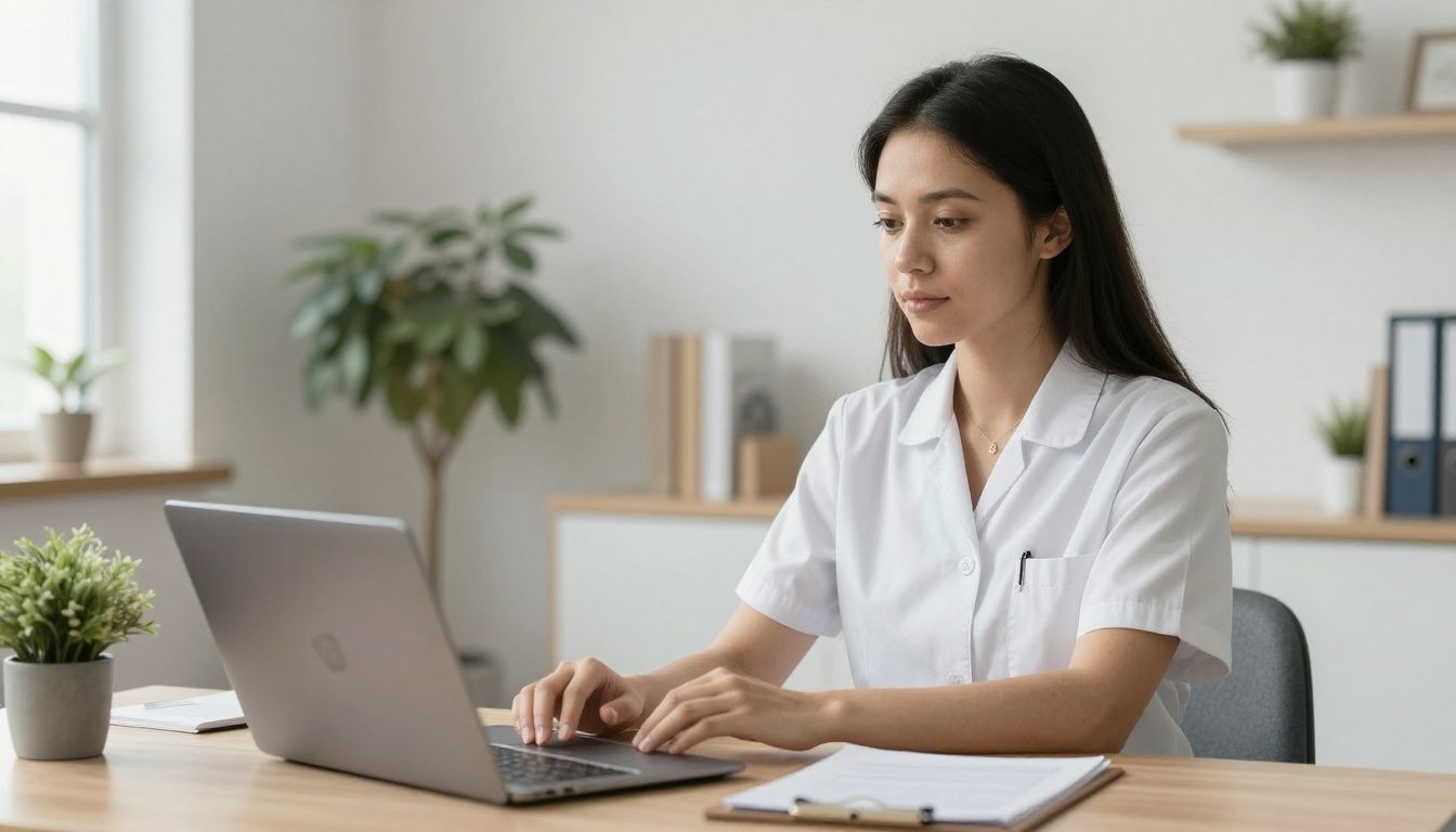 A professional therapist or psychiatrist in a calm, modern office setting, representing wellness and sustainable practice management.