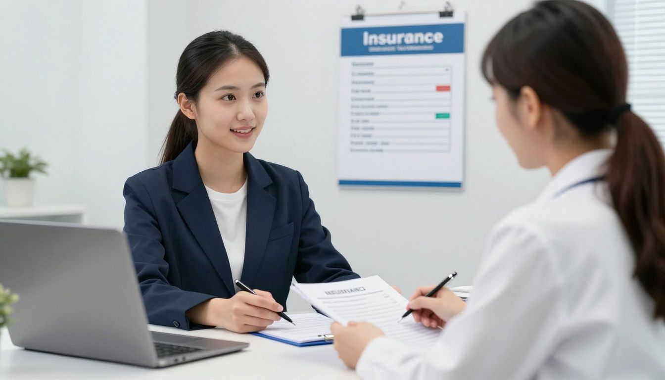 A professional billing specialist reviewing insurance claim documents in a clean,, illustrating BCBS Texas billing for therapists
