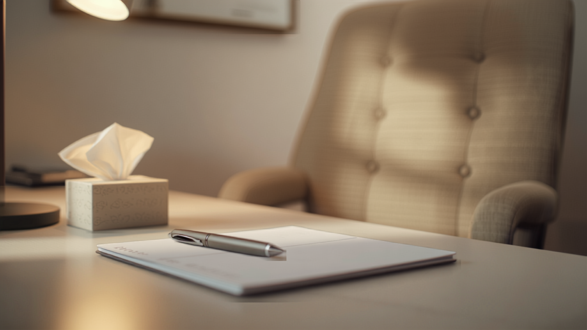 A professional therapist's office featuring a chair, desk, and organized workspace suitable for a private practice.