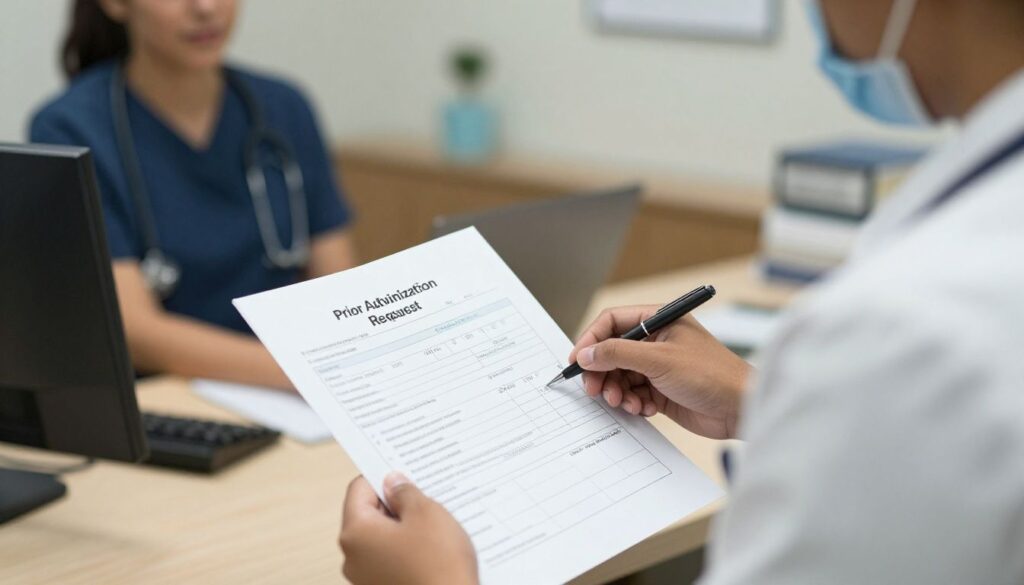 Chicago mental health billing service: a psychiatric office staff member preparing a prior authorization request packet with treatment history documentation at a desk, with a qualified provider present in the background; realistic professional healthcare photograph, natural lighting, diverse representation reflecting the United States population, no distressing imagery and no close-up clinical procedure