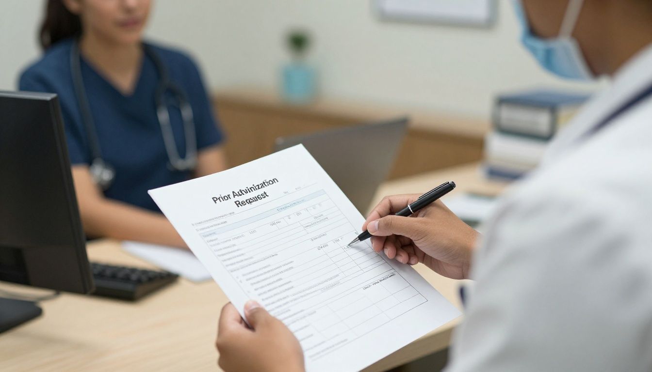A psychiatric office staff member preparing a prior authorization request packet with treatment history documentation at a desk, with a qualified provider present in the background; realistic professional healthcare photograph, natural lighting, diverse representation reflecting the United States population, no distressing imagery and no close-up clinical procedure