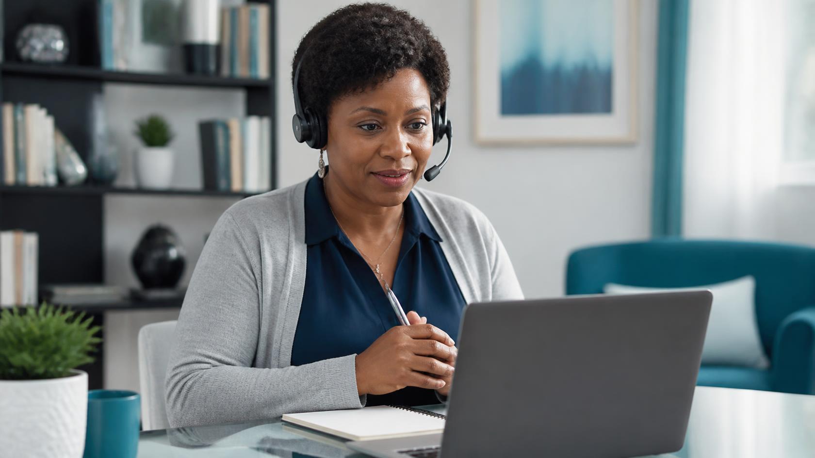 Therapist wearing a headset on a telehealth video visit, the kind of session billed with modifiers 93 and 95