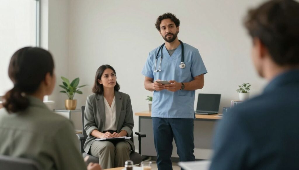 Roswell mental health billing service: a therapist steps outside for a short walk between appointments, with a diverse, realistic representation of behavioral health providers and a calm professional setting