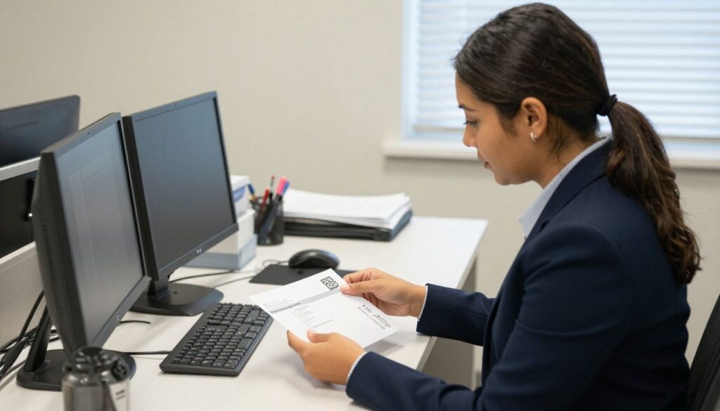 Texas Medicaid managed care billing: a diverse billing staffer carefully opening office mail at a behavioral health practice front desk and checking an unfamiliar payment envelope