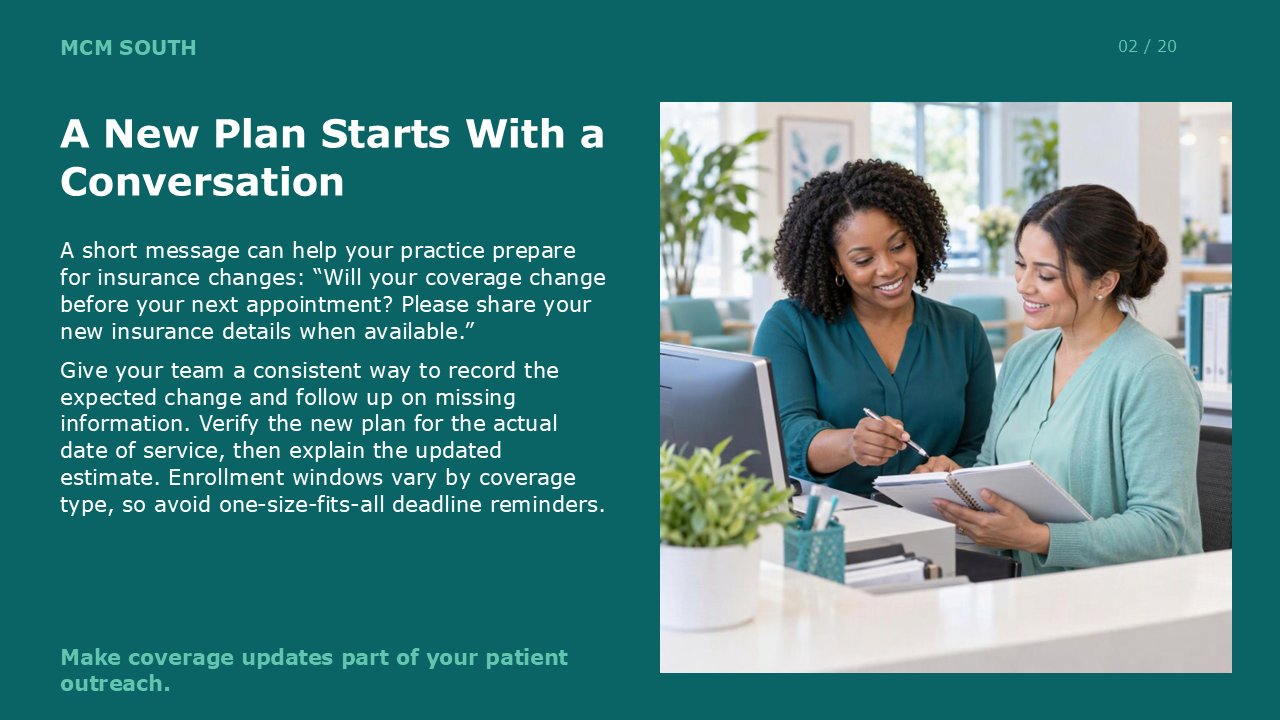 Slide: a new plan starts with a conversation. Two team members review a client's coverage update and the expected estimate at a desk