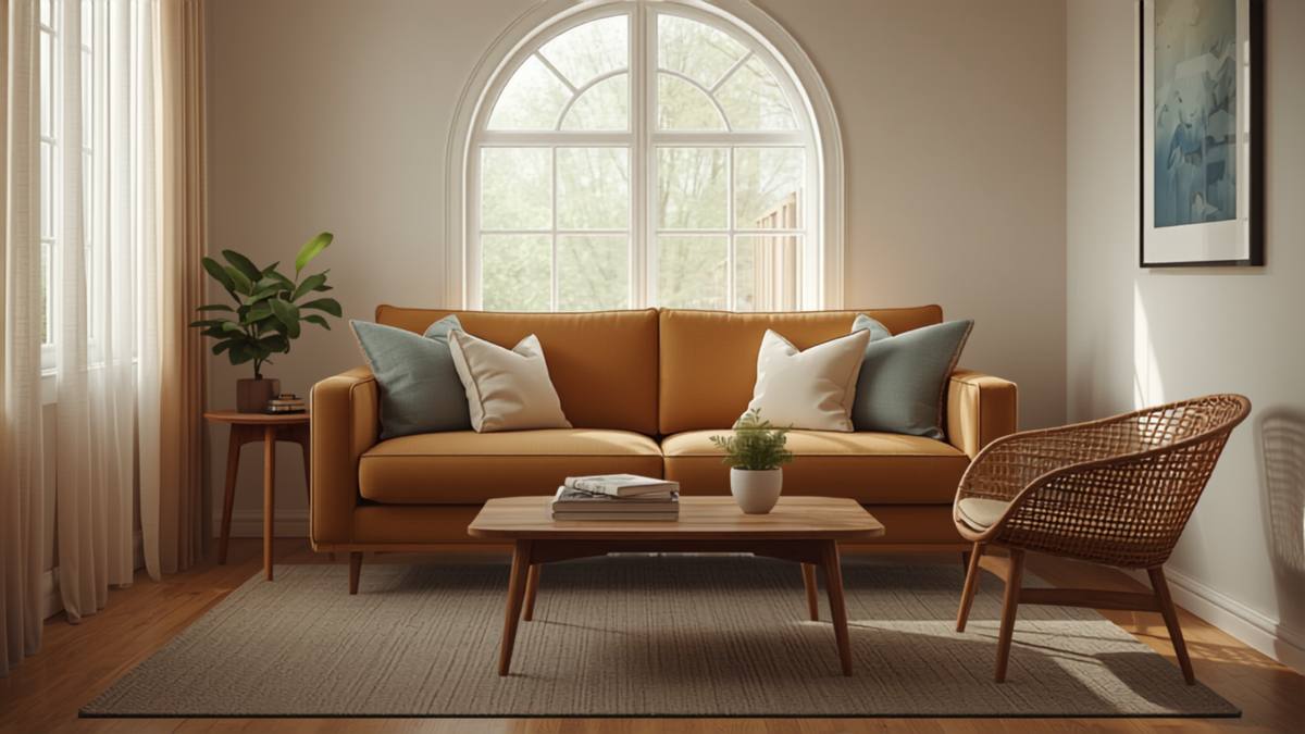 Counseling room with a mustard sofa and arched window, representing MassHealth billing updates for therapists